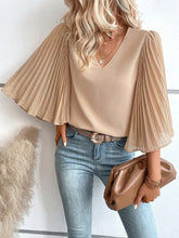 Solid Pleated Sleeve V Neck Blouse